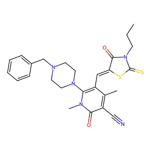 (Z)-6-(4-benzylpiperazin-1-yl)-1,4-dimethyl-2-oxo-5-((4-oxo-3-propyl-2-thioxothiazolidin-5-ylidene)methyl)-1,2-dihydropyridine-3-carbonitrile structure