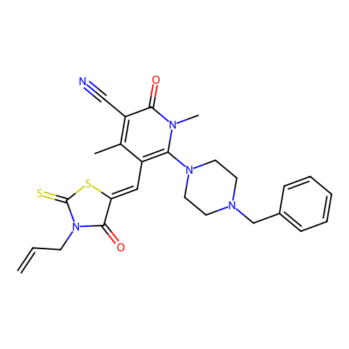 (Z)-5-((3-allyl-4-oxo-2-thioxothiazolidin-5-ylidene)methyl)-6-(4-benzylpiperazin-1-yl)-1,4-dimethyl-2-oxo-1,2-dihydropyridine-3-carbonitrile structure