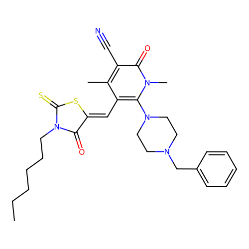 (Z)-6-(4-benzylpiperazin-1-yl)-5-((3-hexyl-4-oxo-2-thioxothiazolidin-5-ylidene)methyl)-1,4-dimethyl-2-oxo-1,2-dihydropyridine-3-carbonitrile structure