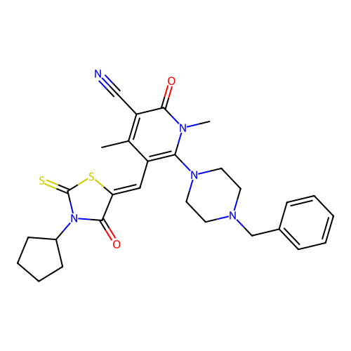 (Z)-6-(4-benzylpiperazin-1-yl)-5-((3-cyclopentyl-4-oxo-2-thioxothiazolidin-5-ylidene)methyl)-1,4-dimethyl-2-oxo-1,2-dihydropyridine-3-carbonitrile structure