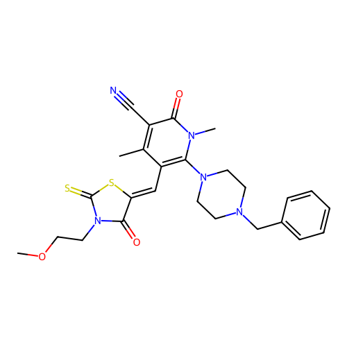 (Z)-6-(4-benzylpiperazin-1-yl)-5-((3-(2-methoxyethyl)-4-oxo-2-thioxothiazolidin-5-ylidene)methyl)-1,4-dimethyl-2-oxo-1,2-dihydropyridine-3-carbonitrile structure