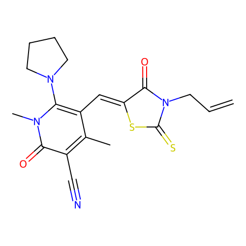 (Z)-5-((3-allyl-4-oxo-2-thioxothiazolidin-5-ylidene)methyl)-1,4-dimethyl-2-oxo-6-(pyrrolidin-1-yl)-1,2-dihydropyridine-3-carbonitrile structure