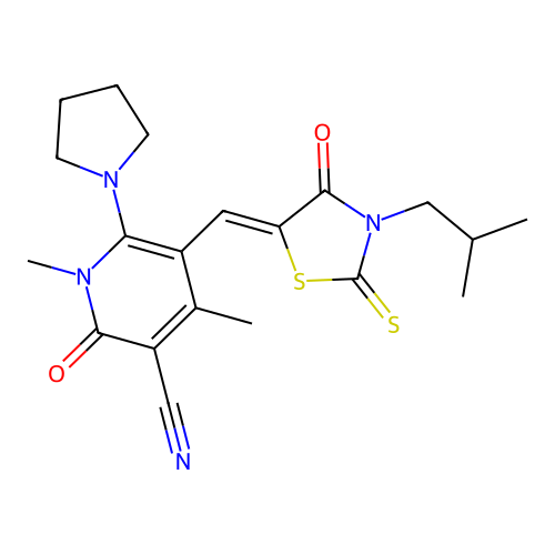 (Z)-5-((3-isobutyl-4-oxo-2-thioxothiazolidin-5-ylidene)methyl)-1,4-dimethyl-2-oxo-6-(pyrrolidin-1-yl)-1,2-dihydropyridine-3-carbonitrile structure