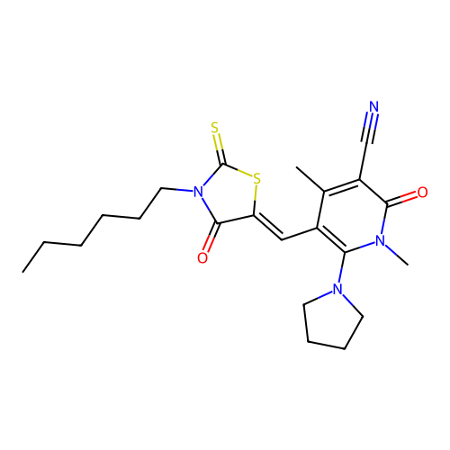 (Z)-5-((3-hexyl-4-oxo-2-thioxothiazolidin-5-ylidene)methyl)-1,4-dimethyl-2-oxo-6-(pyrrolidin-1-yl)-1,2-dihydropyridine-3-carbonitrile structure