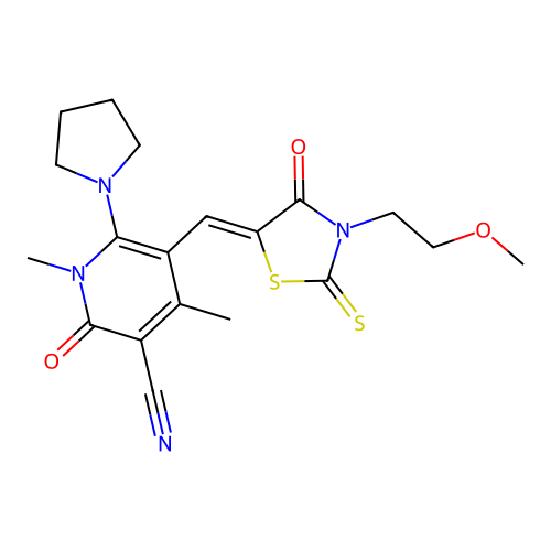 (Z)-5-((3-(2-methoxyethyl)-4-oxo-2-thioxothiazolidin-5-ylidene)methyl)-1,4-dimethyl-2-oxo-6-(pyrrolidin-1-yl)-1,2-dihydropyridine-3-carbonitrile structure