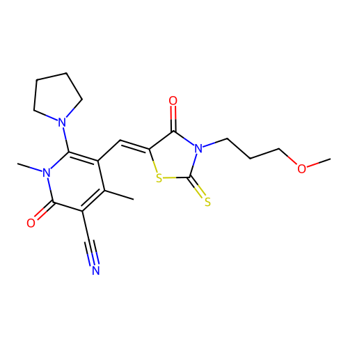 (Z)-5-((3-(3-methoxypropyl)-4-oxo-2-thioxothiazolidin-5-ylidene)methyl)-1,4-dimethyl-2-oxo-6-(pyrrolidin-1-yl)-1,2-dihydropyridine-3-carbonitrile structure
