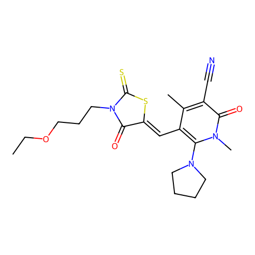 (Z)-5-((3-(3-ethoxypropyl)-4-oxo-2-thioxothiazolidin-5-ylidene)methyl)-1,4-dimethyl-2-oxo-6-(pyrrolidin-1-yl)-1,2-dihydropyridine-3-carbonitrile structure