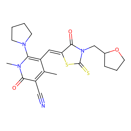 (Z)-1,4-dimethyl-2-oxo-5-((4-oxo-3-((tetrahydrofuran-2-yl)methyl)-2-thioxothiazolidin-5-ylidene)methyl)-6-(pyrrolidin-1-yl)-1,2-dihydropyridine-3-carbonitrile structure