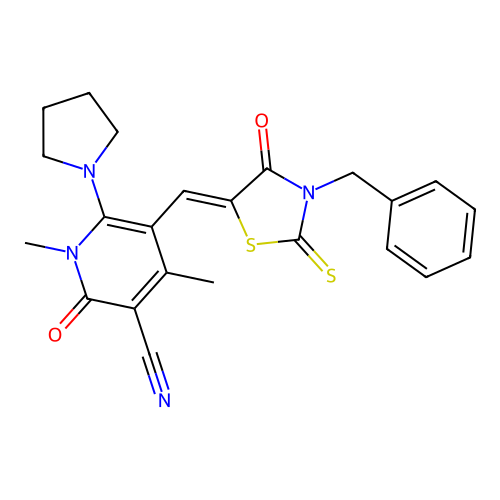 (Z)-5-((3-benzyl-4-oxo-2-thioxothiazolidin-5-ylidene)methyl)-1,4-dimethyl-2-oxo-6-(pyrrolidin-1-yl)-1,2-dihydropyridine-3-carbonitrile structure