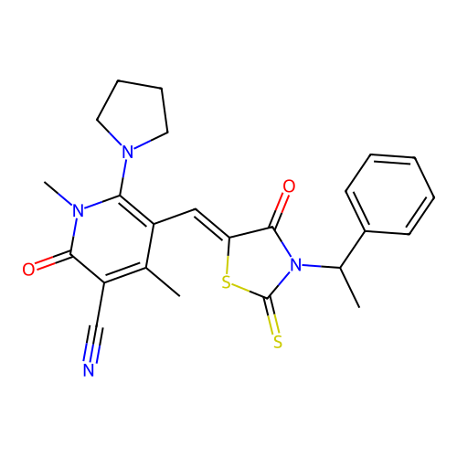 (Z)-1,4-dimethyl-2-oxo-5-((4-oxo-3-(1-phenylethyl)-2-thioxothiazolidin-5-ylidene)methyl)-6-(pyrrolidin-1-yl)-1,2-dihydropyridine-3-carbonitrile structure