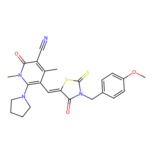 (Z)-5-((3-(4-methoxybenzyl)-4-oxo-2-thioxothiazolidin-5-ylidene)methyl)-1,4-dimethyl-2-oxo-6-(pyrrolidin-1-yl)-1,2-dihydropyridine-3-carbonitrile structure