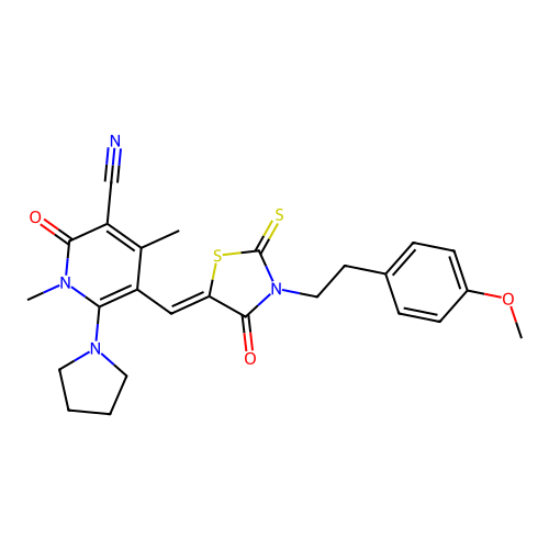 (Z)-5-((3-(4-methoxyphenethyl)-4-oxo-2-thioxothiazolidin-5-ylidene)methyl)-1,4-dimethyl-2-oxo-6-(pyrrolidin-1-yl)-1,2-dihydropyridine-3-carbonitrile structure