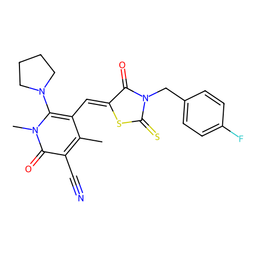 (Z)-5-((3-(4-fluorobenzyl)-4-oxo-2-thioxothiazolidin-5-ylidene)methyl)-1,4-dimethyl-2-oxo-6-(pyrrolidin-1-yl)-1,2-dihydropyridine-3-carbonitrile structure