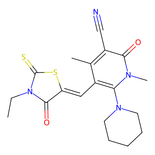 (Z)-5-((3-ethyl-4-oxo-2-thioxothiazolidin-5-ylidene)methyl)-1,4-dimethyl-2-oxo-6-(piperidin-1-yl)-1,2-dihydropyridine-3-carbonitrile structure