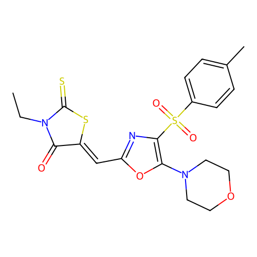 (Z)-3-ethyl-5-((5-morpholino-4-tosyloxazol-2-yl)methylene)-2-thioxothiazolidin-4-one structure