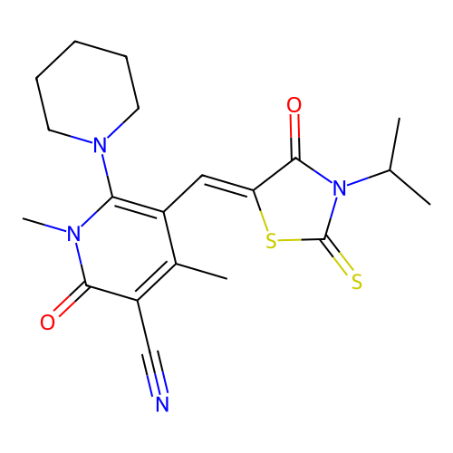 (Z)-5-((3-isopropyl-4-oxo-2-thioxothiazolidin-5-ylidene)methyl)-1,4-dimethyl-2-oxo-6-(piperidin-1-yl)-1,2-dihydropyridine-3-carbonitrile structure