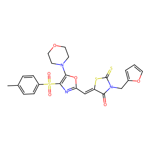(Z)-3-(furan-2-ylmethyl)-5-((5-morpholino-4-tosyloxazol-2-yl)methylene)-2-thioxothiazolidin-4-one structure