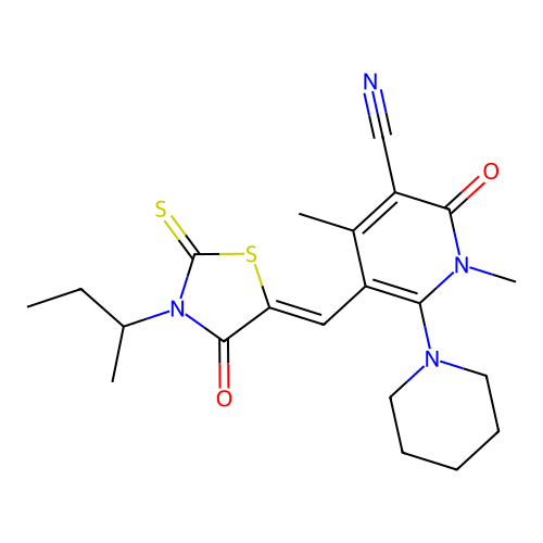 (Z)-5-((3-(sec-butyl)-4-oxo-2-thioxothiazolidin-5-ylidene)methyl)-1,4-dimethyl-2-oxo-6-(piperidin-1-yl)-1,2-dihydropyridine-3-carbonitrile structure