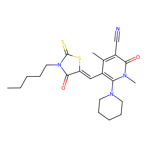 (Z)-1,4-dimethyl-2-oxo-5-((4-oxo-3-pentyl-2-thioxothiazolidin-5-ylidene)methyl)-6-(piperidin-1-yl)-1,2-dihydropyridine-3-carbonitrile structure