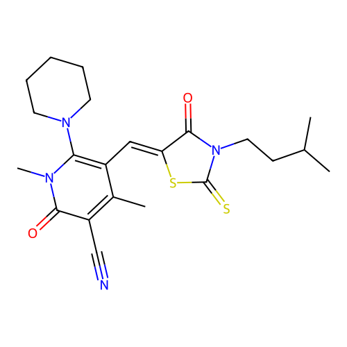 (Z)-5-((3-isopentyl-4-oxo-2-thioxothiazolidin-5-ylidene)methyl)-1,4-dimethyl-2-oxo-6-(piperidin-1-yl)-1,2-dihydropyridine-3-carbonitrile structure