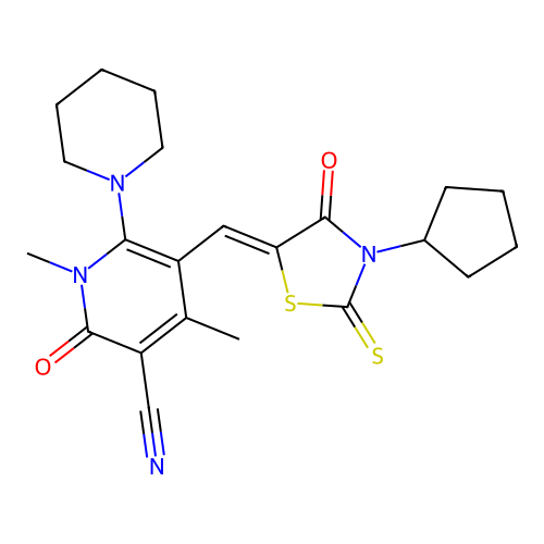 (Z)-5-((3-cyclopentyl-4-oxo-2-thioxothiazolidin-5-ylidene)methyl)-1,4-dimethyl-2-oxo-6-(piperidin-1-yl)-1,2-dihydropyridine-3-carbonitrile structure