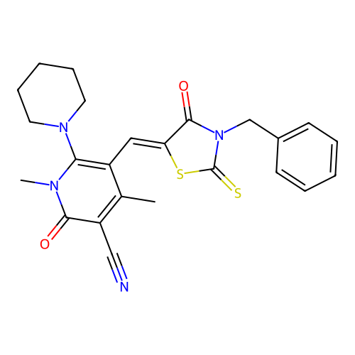 (Z)-5-((3-benzyl-4-oxo-2-thioxothiazolidin-5-ylidene)methyl)-1,4-dimethyl-2-oxo-6-(piperidin-1-yl)-1,2-dihydropyridine-3-carbonitrile structure