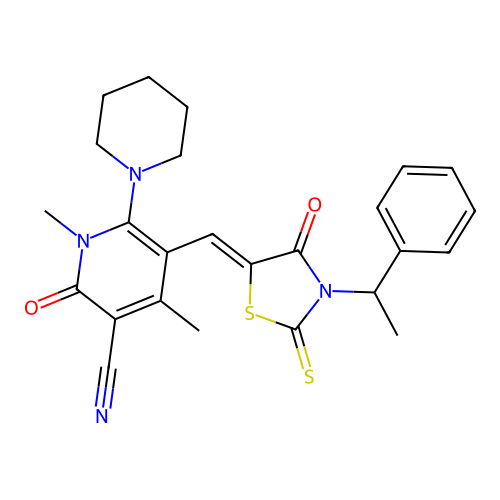 (Z)-1,4-dimethyl-2-oxo-5-((4-oxo-3-(1-phenylethyl)-2-thioxothiazolidin-5-ylidene)methyl)-6-(piperidin-1-yl)-1,2-dihydropyridine-3-carbonitrile structure