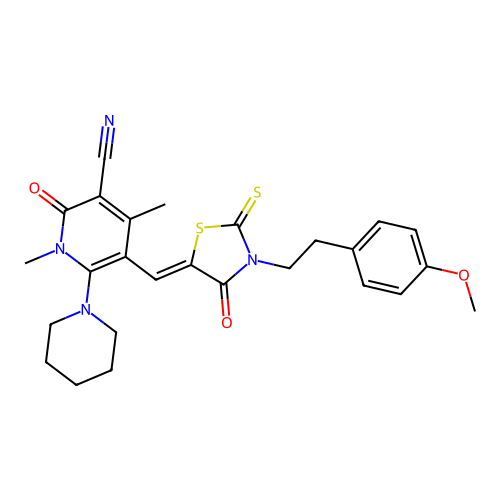 (Z)-5-((3-(4-methoxyphenethyl)-4-oxo-2-thioxothiazolidin-5-ylidene)methyl)-1,4-dimethyl-2-oxo-6-(piperidin-1-yl)-1,2-dihydropyridine-3-carbonitrile structure
