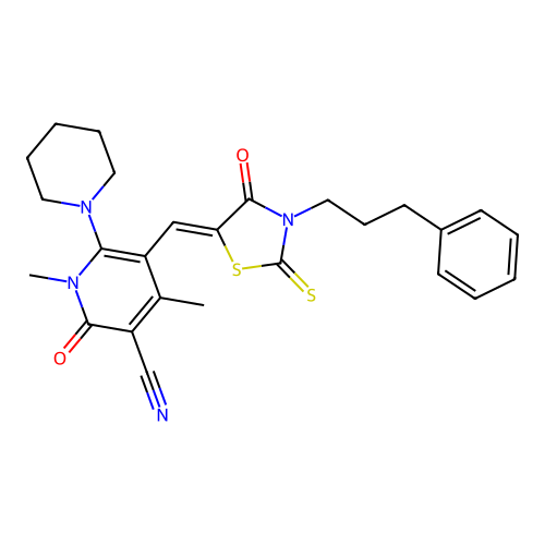 (Z)-1,4-dimethyl-2-oxo-5-((4-oxo-3-(3-phenylpropyl)-2-thioxothiazolidin-5-ylidene)methyl)-6-(piperidin-1-yl)-1,2-dihydropyridine-3-carbonitrile structure