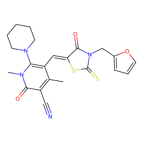 (Z)-5-((3-(furan-2-ylmethyl)-4-oxo-2-thioxothiazolidin-5-ylidene)methyl)-1,4-dimethyl-2-oxo-6-(piperidin-1-yl)-1,2-dihydropyridine-3-carbonitrile structure