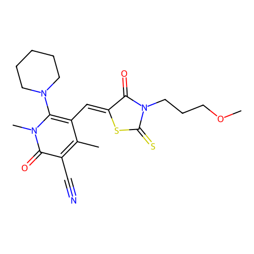 (Z)-5-((3-(3-methoxypropyl)-4-oxo-2-thioxothiazolidin-5-ylidene)methyl)-1,4-dimethyl-2-oxo-6-(piperidin-1-yl)-1,2-dihydropyridine-3-carbonitrile structure