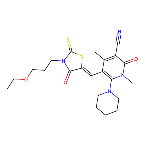 (Z)-5-((3-(3-ethoxypropyl)-4-oxo-2-thioxothiazolidin-5-ylidene)methyl)-1,4-dimethyl-2-oxo-6-(piperidin-1-yl)-1,2-dihydropyridine-3-carbonitrile structure