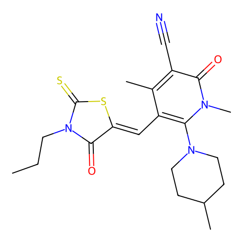 (Z)-1,4-dimethyl-6-(4-methylpiperidin-1-yl)-2-oxo-5-((4-oxo-3-propyl-2-thioxothiazolidin-5-ylidene)methyl)-1,2-dihydropyridine-3-carbonitrile structure