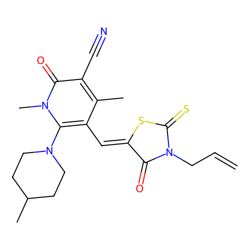 (Z)-5-((3-allyl-4-oxo-2-thioxothiazolidin-5-ylidene)methyl)-1,4-dimethyl-6-(4-methylpiperidin-1-yl)-2-oxo-1,2-dihydropyridine-3-carbonitrile structure