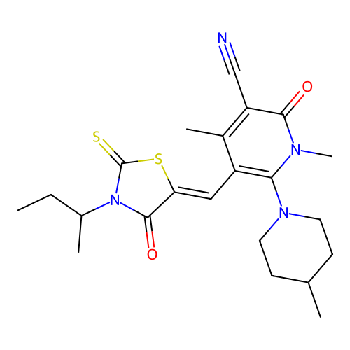 (Z)-5-((3-(sec-butyl)-4-oxo-2-thioxothiazolidin-5-ylidene)methyl)-1,4-dimethyl-6-(4-methylpiperidin-1-yl)-2-oxo-1,2-dihydropyridine-3-carbonitrile structure