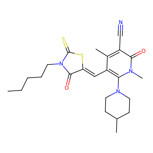 (Z)-1,4-dimethyl-6-(4-methylpiperidin-1-yl)-2-oxo-5-((4-oxo-3-pentyl-2-thioxothiazolidin-5-ylidene)methyl)-1,2-dihydropyridine-3-carbonitrile structure