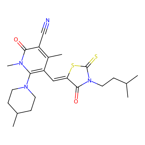 (Z)-5-((3-isopentyl-4-oxo-2-thioxothiazolidin-5-ylidene)methyl)-1,4-dimethyl-6-(4-methylpiperidin-1-yl)-2-oxo-1,2-dihydropyridine-3-carbonitrile structure
