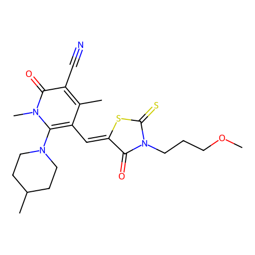 (Z)-5-((3-(3-methoxypropyl)-4-oxo-2-thioxothiazolidin-5-ylidene)methyl)-1,4-dimethyl-6-(4-methylpiperidin-1-yl)-2-oxo-1,2-dihydropyridine-3-carbonitrile structure