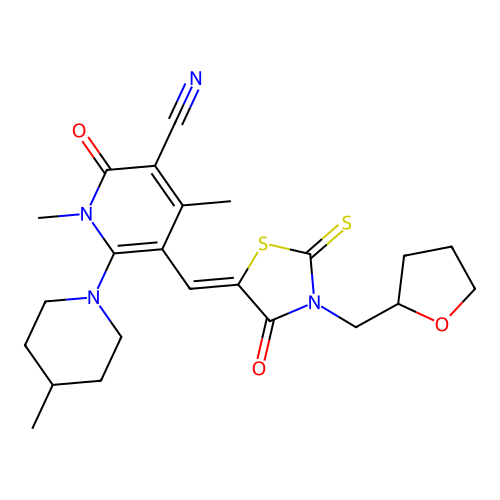 (Z)-1,4-dimethyl-6-(4-methylpiperidin-1-yl)-2-oxo-5-((4-oxo-3-((tetrahydrofuran-2-yl)methyl)-2-thioxothiazolidin-5-ylidene)methyl)-1,2-dihydropyridine-3-carbonitrile structure