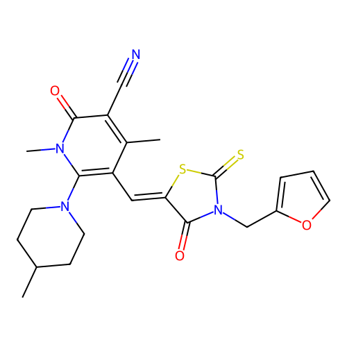 (Z)-5-((3-(furan-2-ylmethyl)-4-oxo-2-thioxothiazolidin-5-ylidene)methyl)-1,4-dimethyl-6-(4-methylpiperidin-1-yl)-2-oxo-1,2-dihydropyridine-3-carbonitrile structure