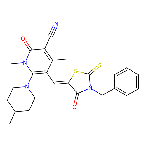 (Z)-5-((3-benzyl-4-oxo-2-thioxothiazolidin-5-ylidene)methyl)-1,4-dimethyl-6-(4-methylpiperidin-1-yl)-2-oxo-1,2-dihydropyridine-3-carbonitrile structure