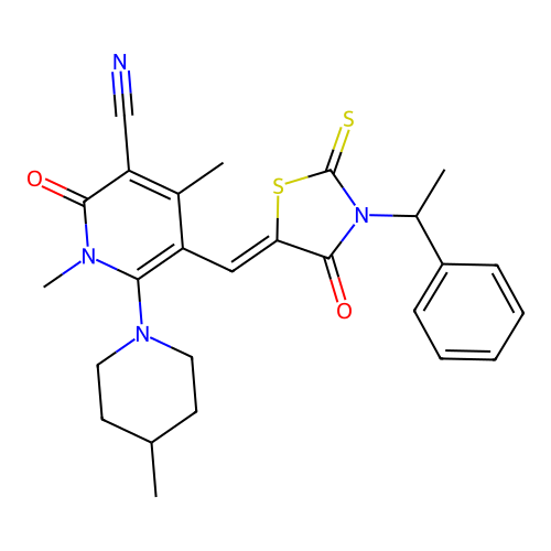 (Z)-1,4-dimethyl-6-(4-methylpiperidin-1-yl)-2-oxo-5-((4-oxo-3-(1-phenylethyl)-2-thioxothiazolidin-5-ylidene)methyl)-1,2-dihydropyridine-3-carbonitrile structure