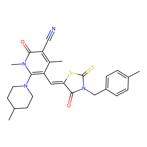 (Z)-1,4-dimethyl-5-((3-(4-methylbenzyl)-4-oxo-2-thioxothiazolidin-5-ylidene)methyl)-6-(4-methylpiperidin-1-yl)-2-oxo-1,2-dihydropyridine-3-carbonitrile structure