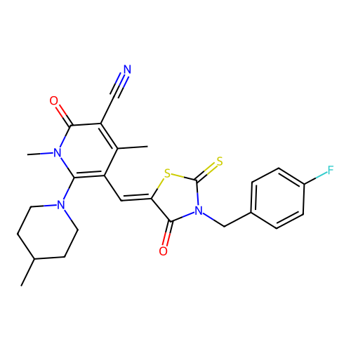 (Z)-5-((3-(4-fluorobenzyl)-4-oxo-2-thioxothiazolidin-5-ylidene)methyl)-1,4-dimethyl-6-(4-methylpiperidin-1-yl)-2-oxo-1,2-dihydropyridine-3-carbonitrile structure