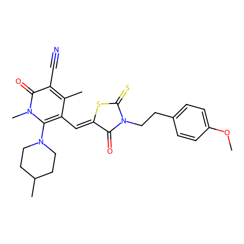 (Z)-5-((3-(4-methoxyphenethyl)-4-oxo-2-thioxothiazolidin-5-ylidene)methyl)-1,4-dimethyl-6-(4-methylpiperidin-1-yl)-2-oxo-1,2-dihydropyridine-3-carbonitrile structure