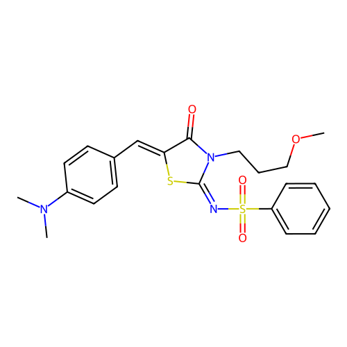 (E)-N-((Z)-5-(4-(dimethylamino)benzylidene)-3-(3-methoxypropyl)-4-oxothiazolidin-2-ylidene)benzenesulfonamide structure