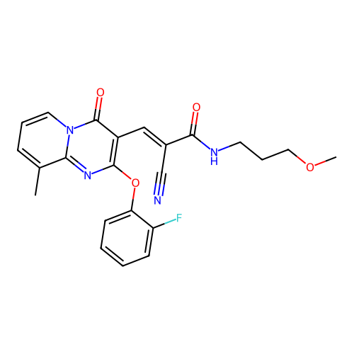 (2E)-2-cyano-3-[2-(2-fluorophenoxy)-9-methyl-4-oxo-4H-pyrido[1,2-a]pyrimidin-3-yl]-N-(3-methoxypropyl)prop-2-enamide structure