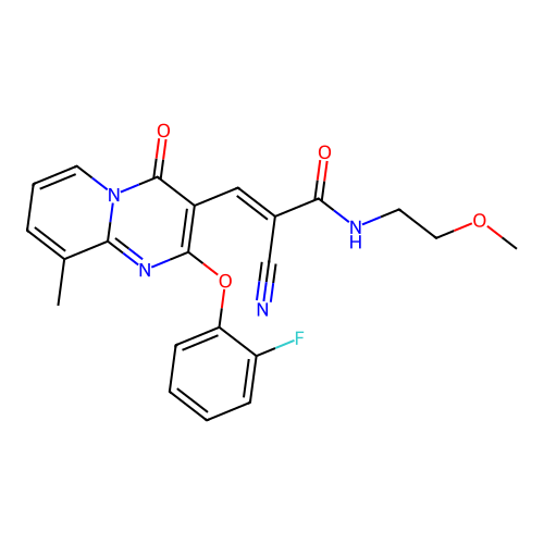 (2E)-2-cyano-3-[2-(2-fluorophenoxy)-9-methyl-4-oxo-4H-pyrido[1,2-a]pyrimidin-3-yl]-N-(2-methoxyethyl)prop-2-enamide structure