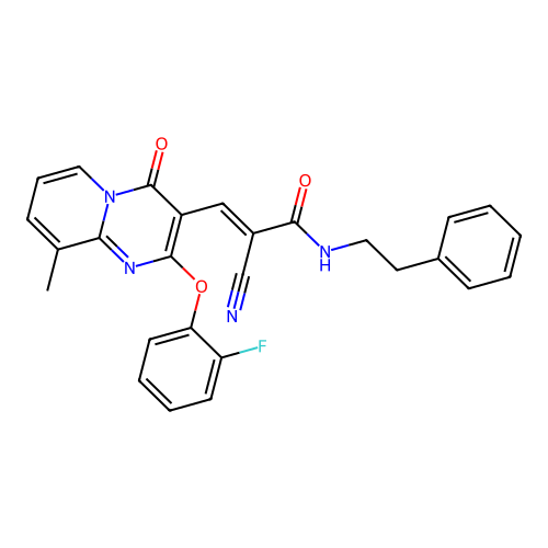 (2E)-2-cyano-3-[2-(2-fluorophenoxy)-9-methyl-4-oxo-4H-pyrido[1,2-a]pyrimidin-3-yl]-N-(2-phenylethyl)prop-2-enamide structure