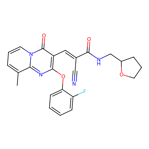 (2E)-2-cyano-3-[2-(2-fluorophenoxy)-9-methyl-4-oxo-4H-pyrido[1,2-a]pyrimidin-3-yl]-N-(tetrahydrofuran-2-ylmethyl)prop-2-enamide structure